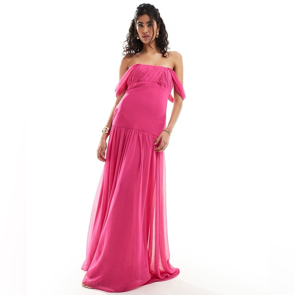 NWT‼️ ASOS -Drape Off Shoulder Dropped Waist Maxi Dress in Fuchsia (Sizes 6 & 8)